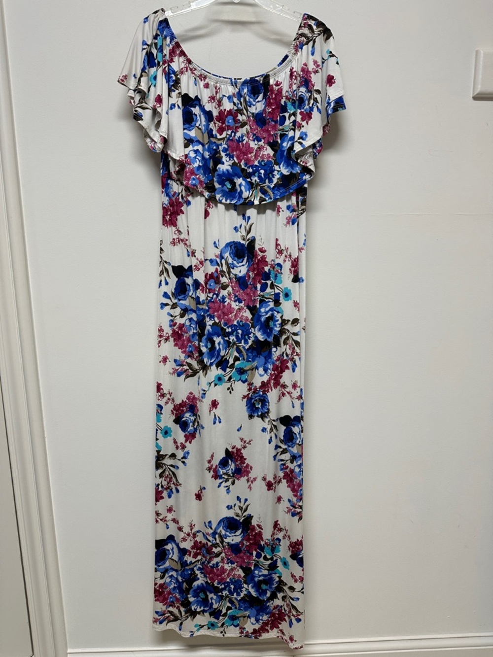 White with bright Blue & Pink Floral On or Off the Shoulder Maxi Dress size 3XL